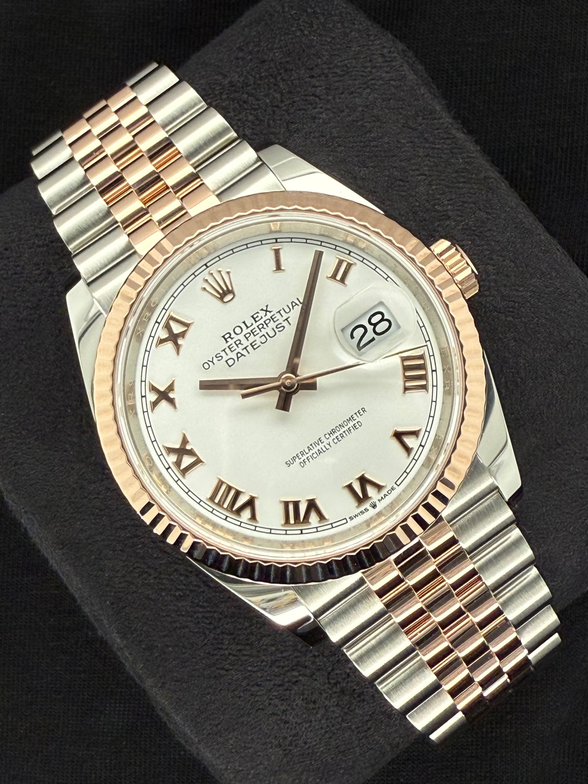 Rolex Datejust 36 Two Tone Rose Gold White Roman Dial 126231 left