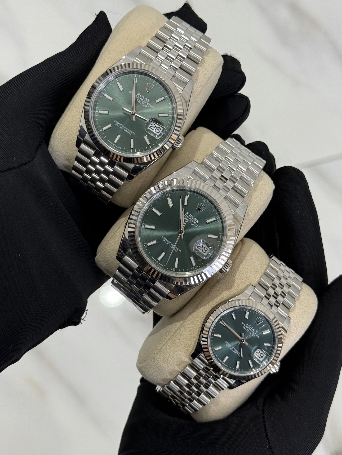 couples watches, his & hers, rolex datejust mint green