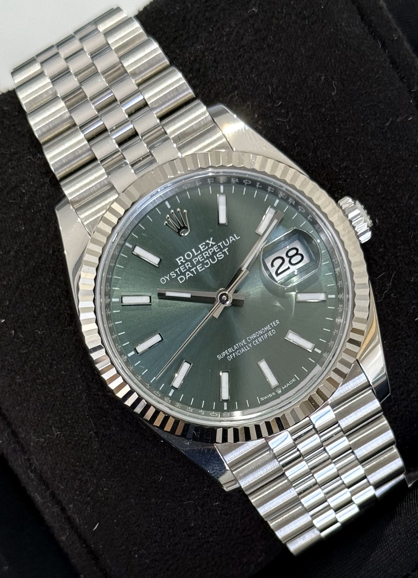 Rolex Datejust 36 Mint Green Dial Fluted Jubilee 126234 front left
