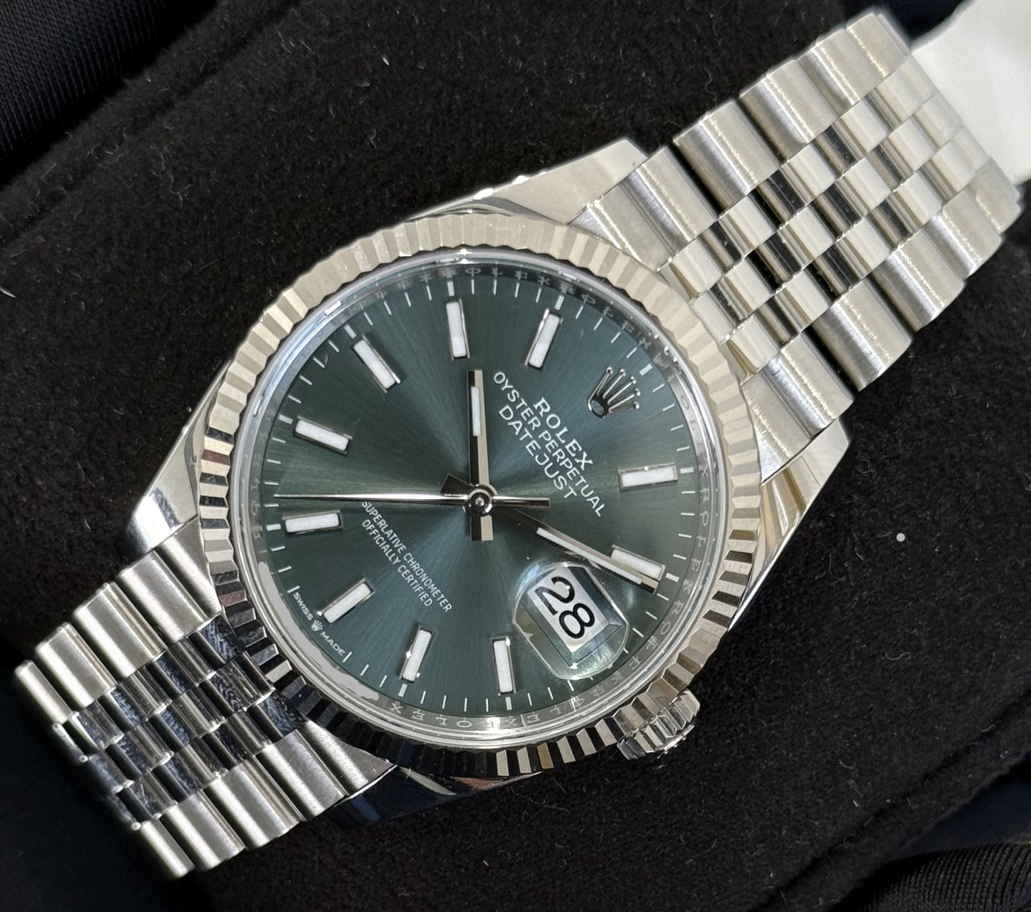 Rolex Datejust 36 Mint Green Dial Fluted Jubilee 126234 front right