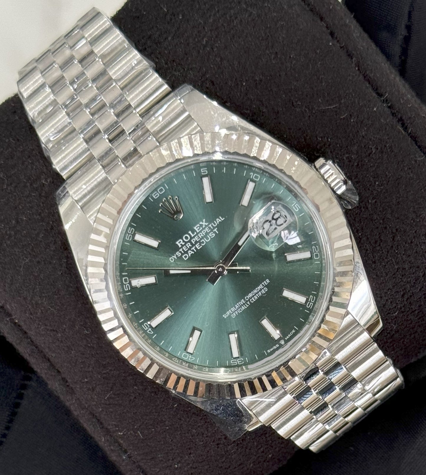 Rolex Datejust 41 Mint Green Dial Fluted Bezel Jubilee Stainless Steel 126334 front left