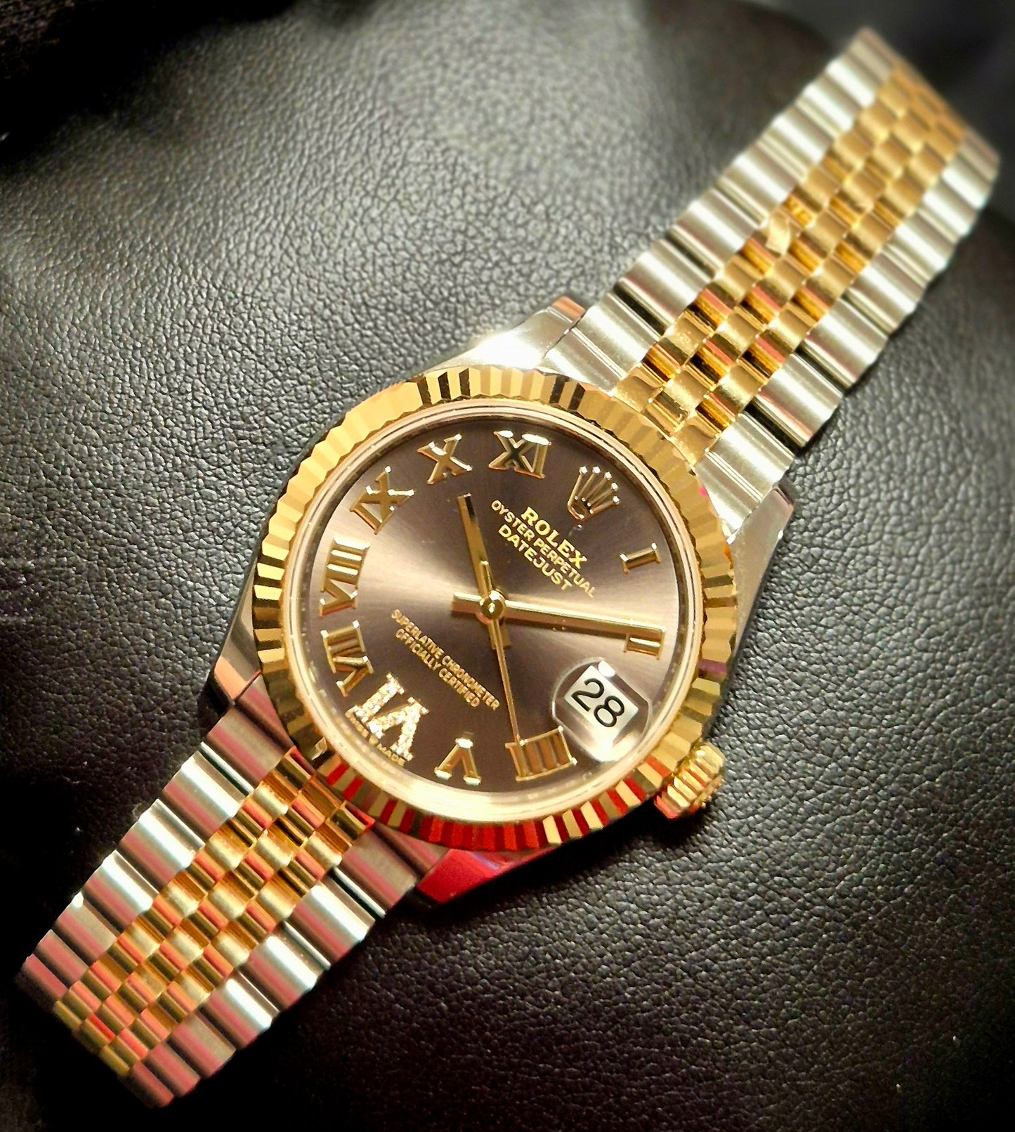 Rolex Datejust 31 Two Tone Yellow Gold Dark Grey Roman Numeral Diamond Dial Jubilee 278273 front right