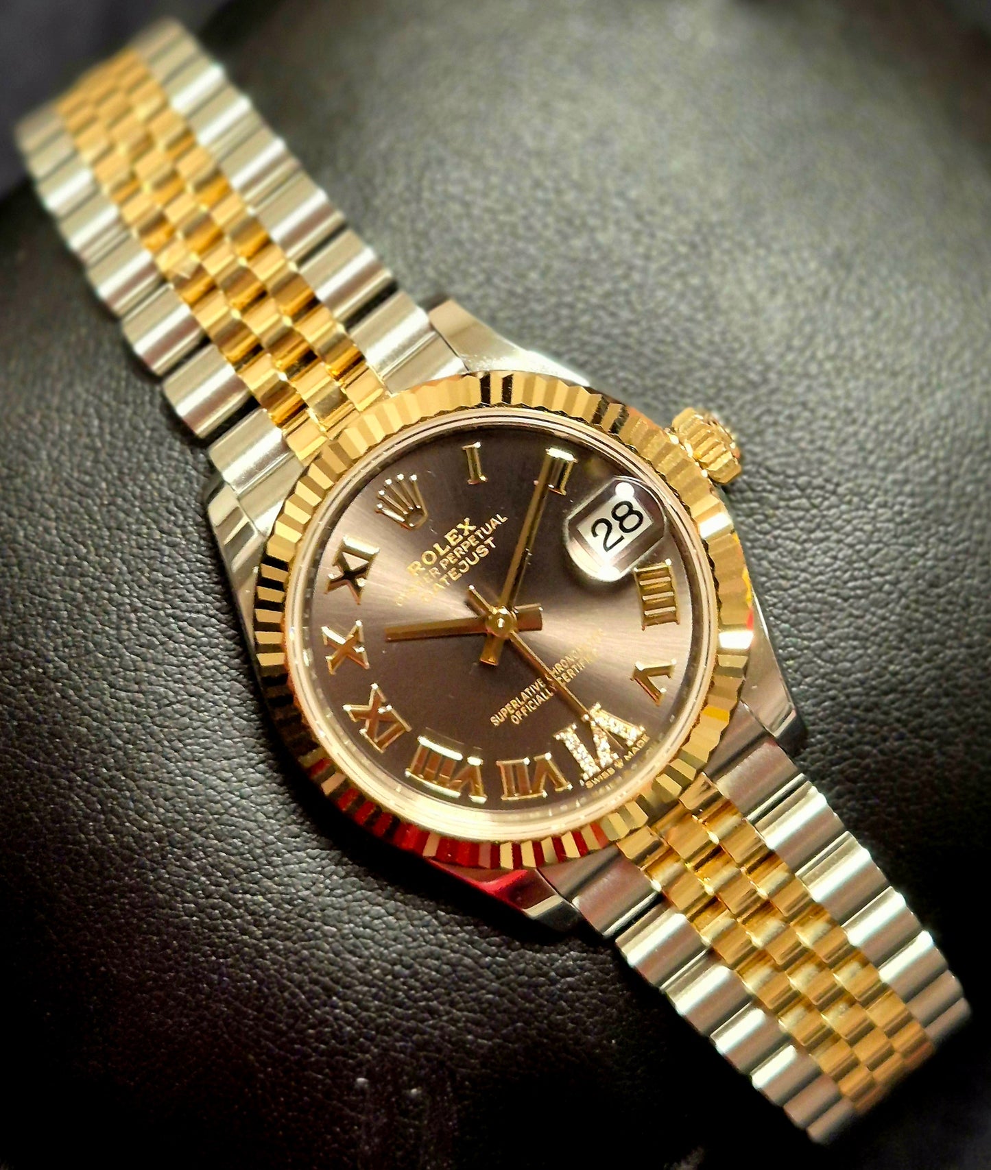 Rolex Datejust 31 Two Tone Yellow Gold Dark Grey Roman Numeral Diamond Dial Jubilee 278273 front left