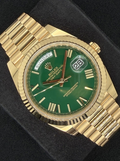 Rolex Day-Date 40 18ct Yellow Gold Fluted President ‘Money’ Green Dial 228238 | 2026 | 40mm