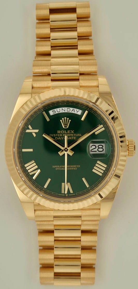 Rolex Day-Date 40 18ct Yellow Gold Fluted President Green Dial 228238 | 2023 | 40mm