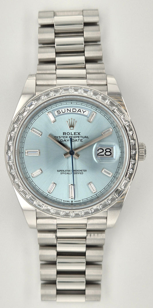 Rolex Day-Date 40 Platinum Ice Blue Factory Diamond Baguette Dial and Bezel 228396TBR front