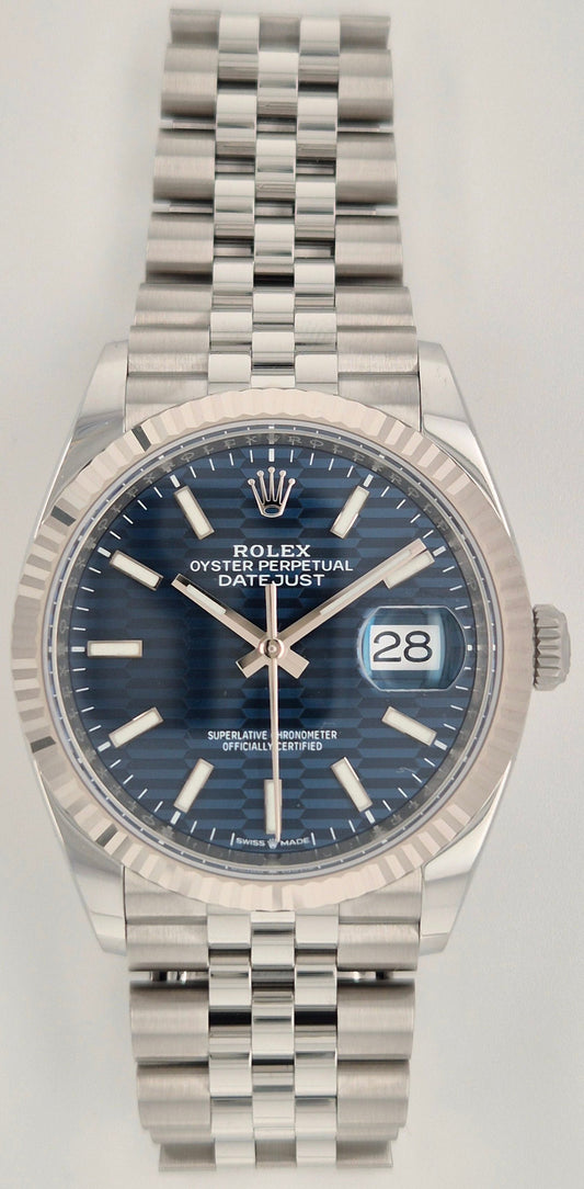 Rolex Datejust 36 Blue Motif Fluted Jubilee Stainless Steel 126234 front