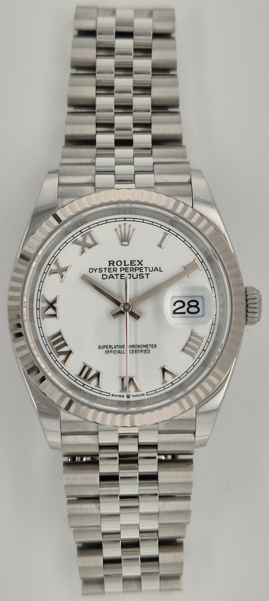 Rolex Datejust 36 White Gold White Roman Dial Fluted Jubilee 126234 front