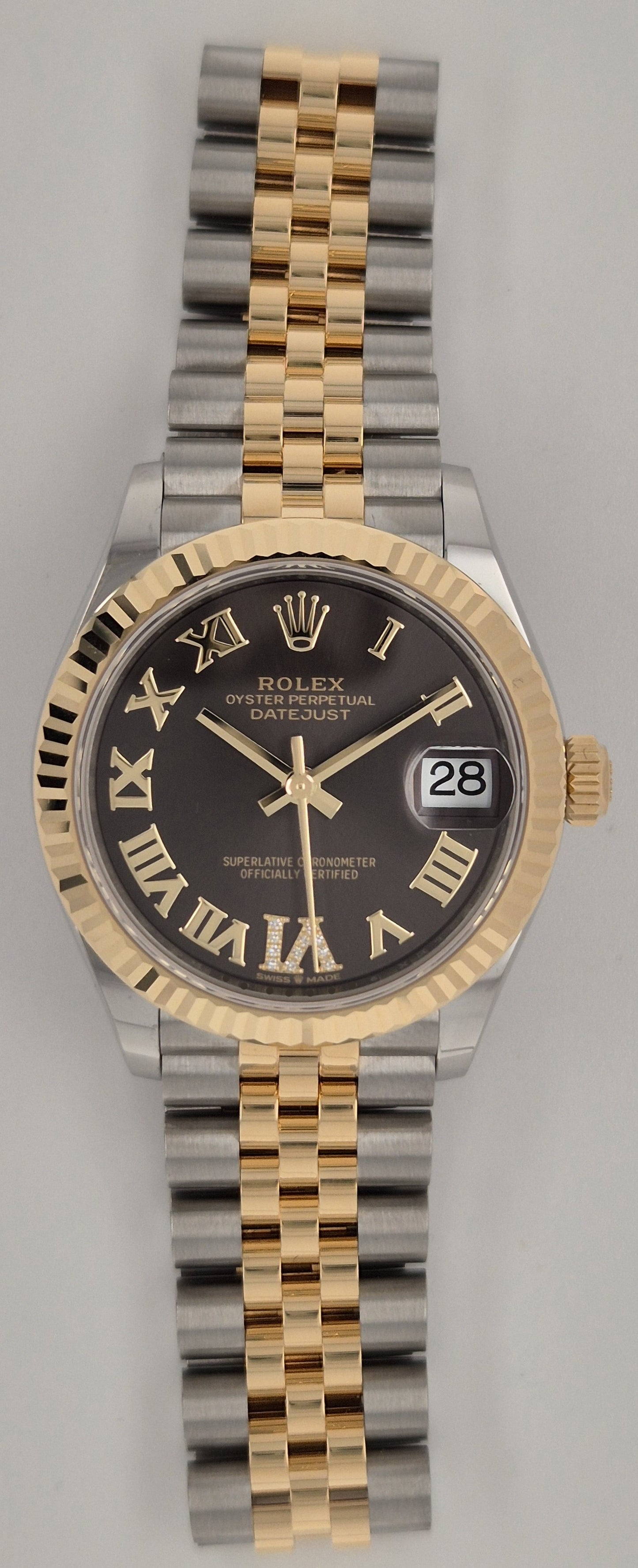 Rolex Datejust 31 Rhodium Roman Diamond Pave VI Dial Two Tone Yellow Gold 278273  front