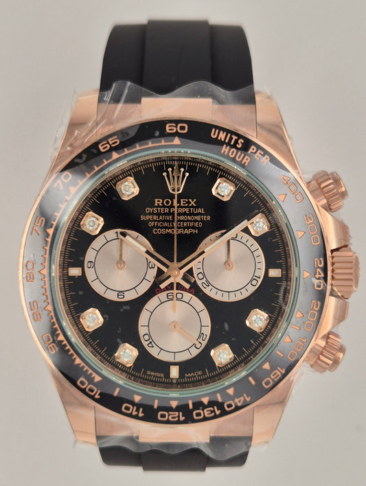 Rolex Daytona Oyster Flex Rose Gold Black Diamond Dial 126515LN front