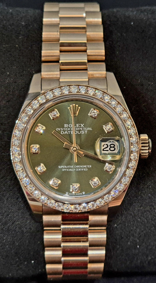 Rolex Lady-Datejust Presidential Olive Factory Diamond Set Bezel and Dial 279135RBR front