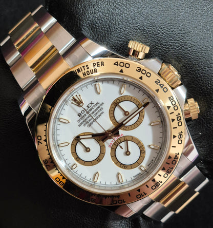 Rolex Cosmograph Daytona Two Tone White with Gold Index Dial 126503 front left