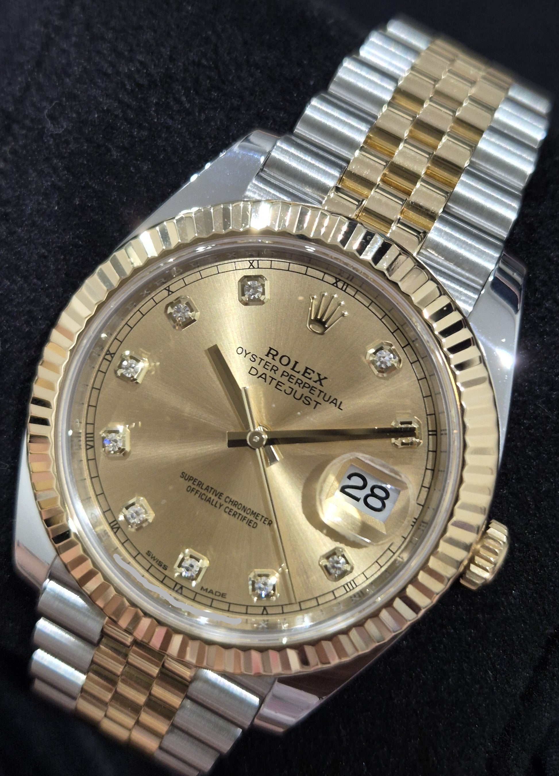 Rolex Datejust 41 Two Tone Yellow Gold Champagne Diamond Dial 126333 front right