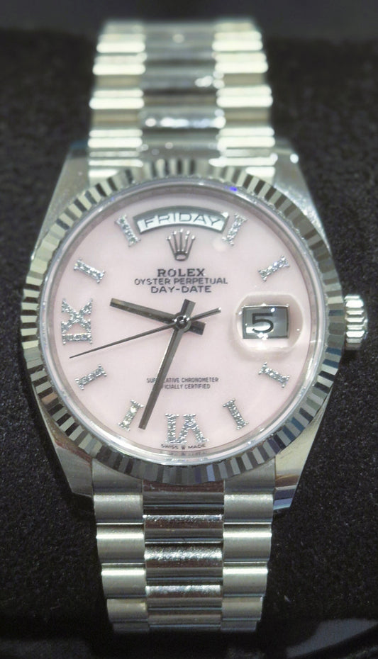 Rolex Day-Date 36 Pink Roman Dial with Diamonds White Gold 128239 front