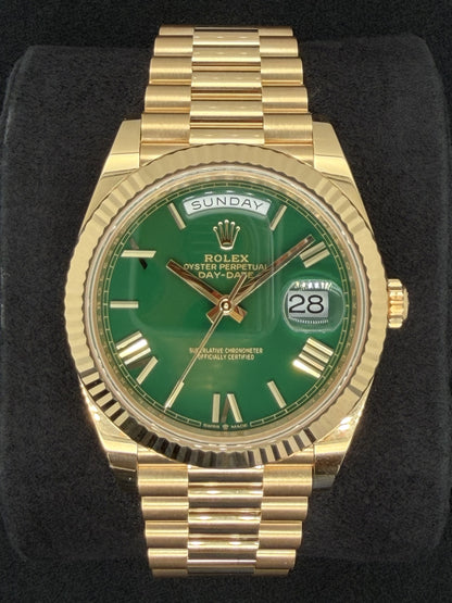 Rolex Day-Date 40 18ct Yellow Gold Fluted President ‘Money’ Green Dial 228238 | 2026 | 40mm