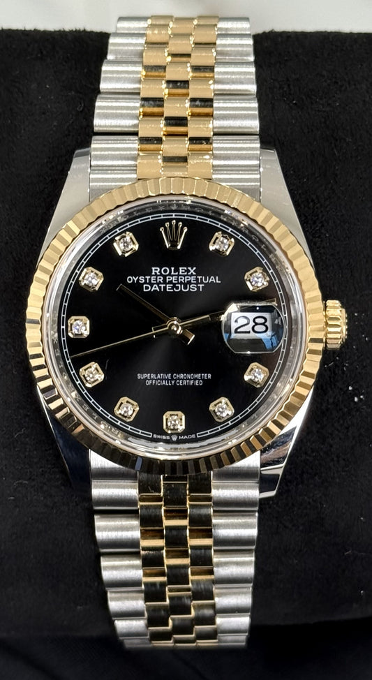 Rolex Datejust 36 Two Tone Yellow Gold Black with Diamonds Dial 126233 front