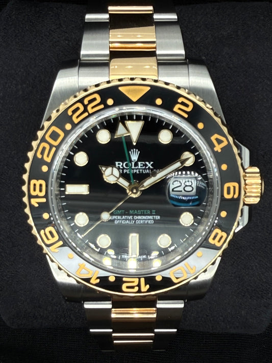 Rolex GMT-Master II Two Tone Yellow Gold Black Dial Green Arrow Hand 116713LN | 2016 | 40mm