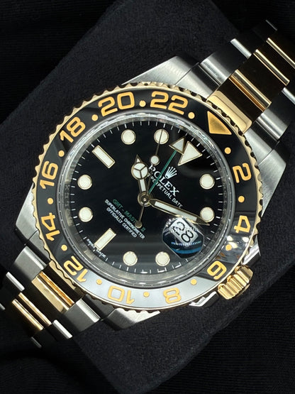 Rolex GMT-Master II Two Tone Yellow Gold Black Dial Green Arrow Hand 116713LN | 2016 | 40mm