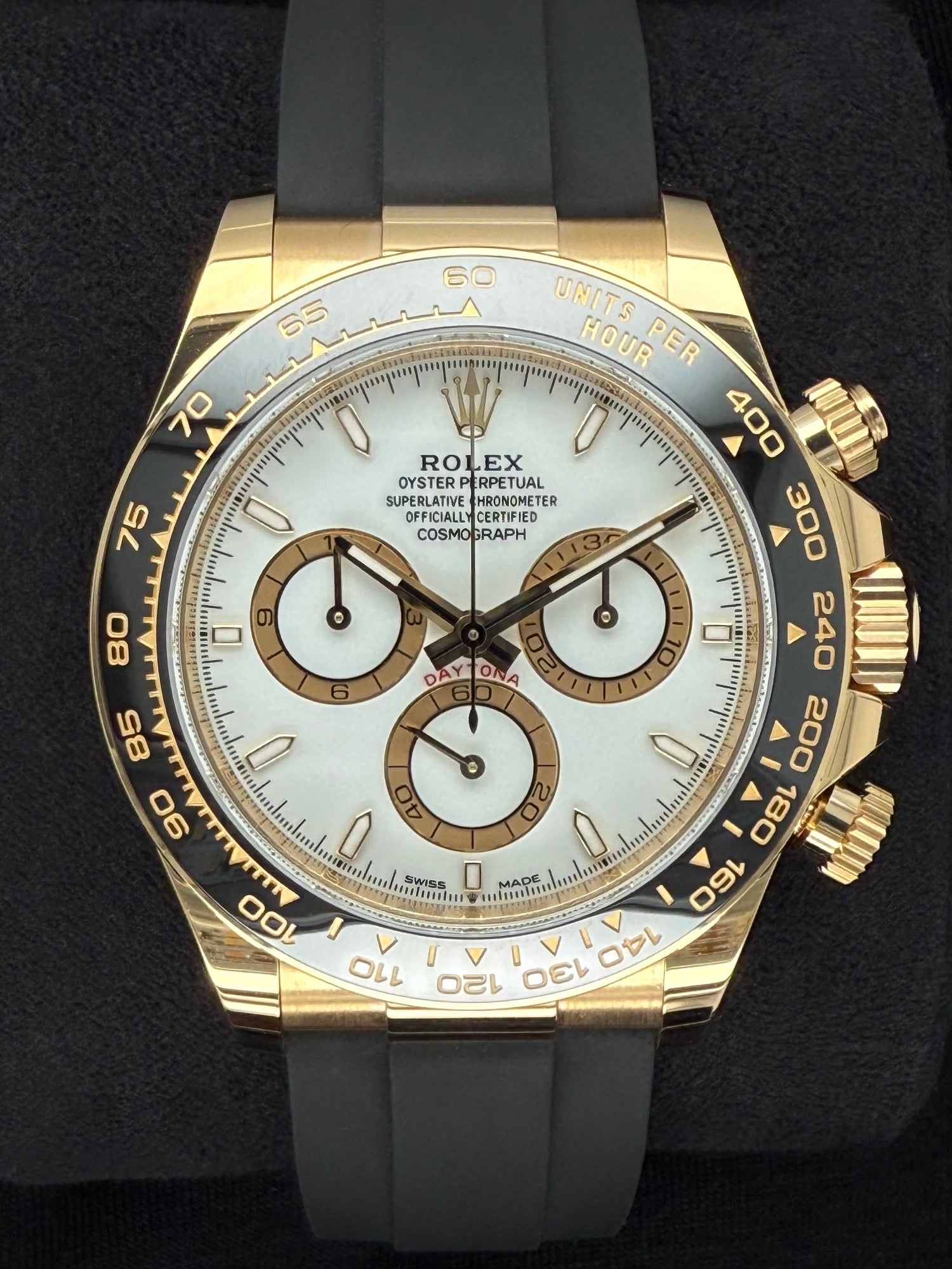 Rolex Cosmograph Daytona Yellow Gold White Dial with Gold Index Dials Oysterflex 126518LN