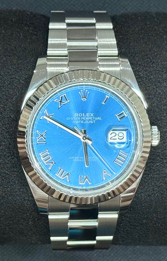 Rolex Datejust 41 Azzurro Blue Roman Fluted Oyster 126334 front