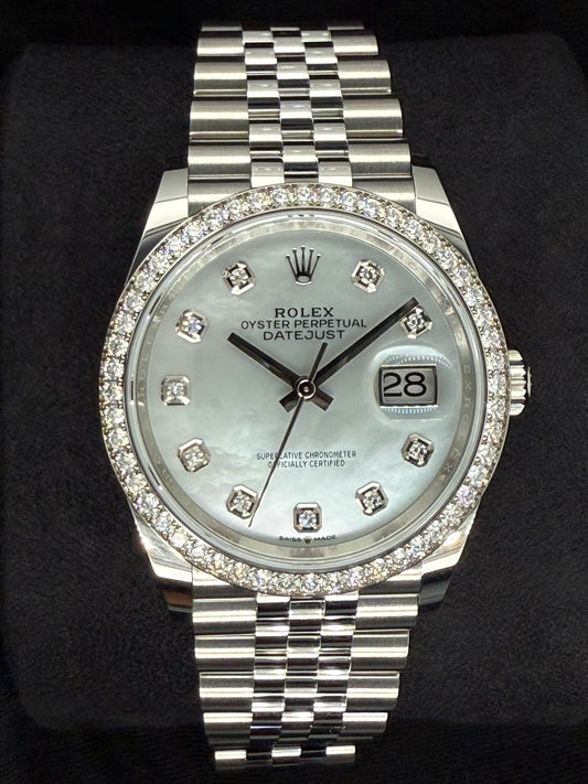 Rolex Datejust 36 Mother of Pearl ‘MOP’ Diamond Dial with Factory-Set Diamond Bezel Oystersteel Jubilee 126284RBR | 2025 | 36mm