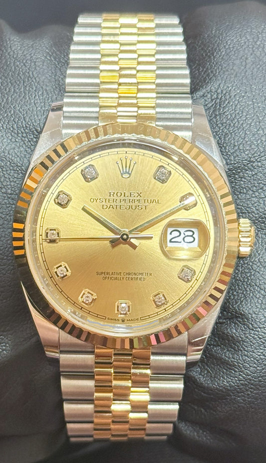 Rolex Datejust 36 Two-Tone Yellow Gold Champagne Dial with Diamonds 126233 front