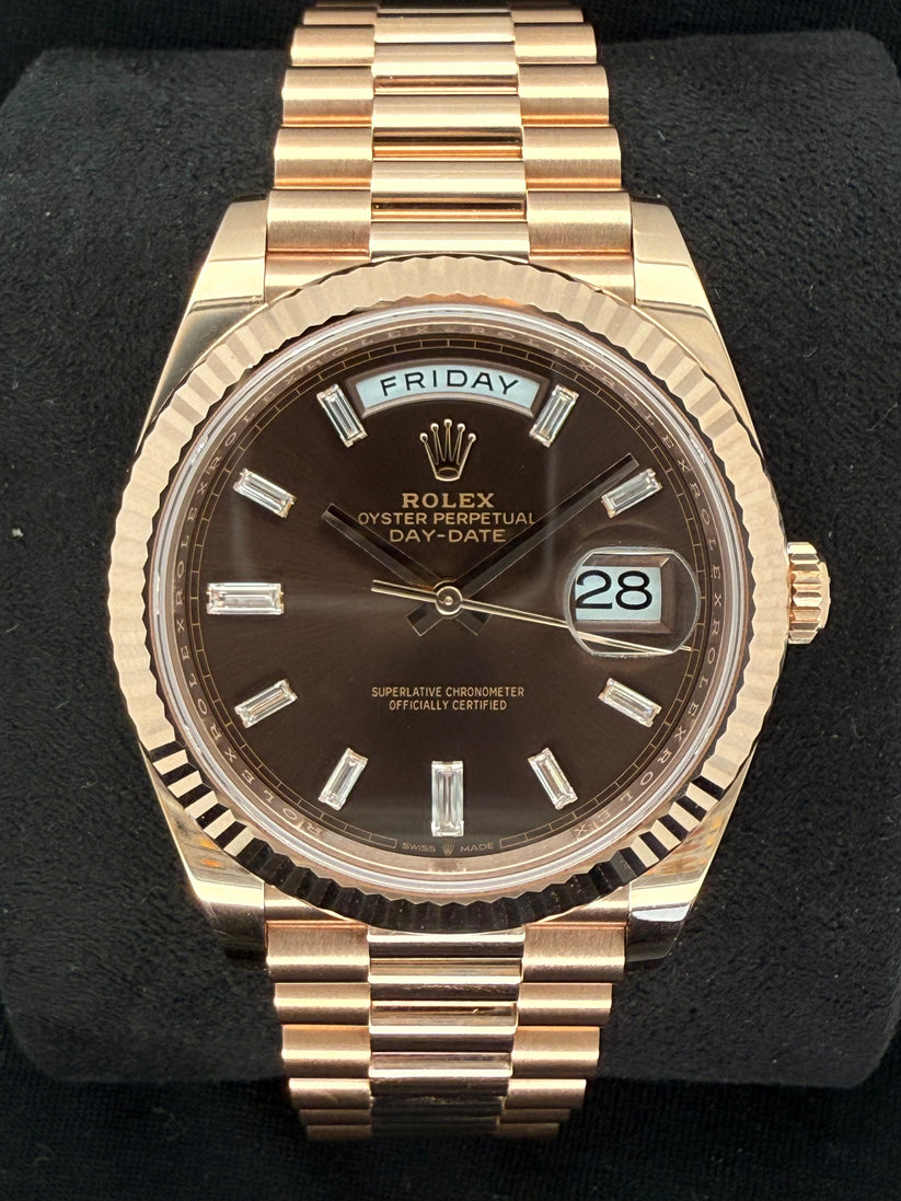 228235 Rolex Day-Date 40 Everose Gold Chocolate Baguette Diamond Dial 228235 ...