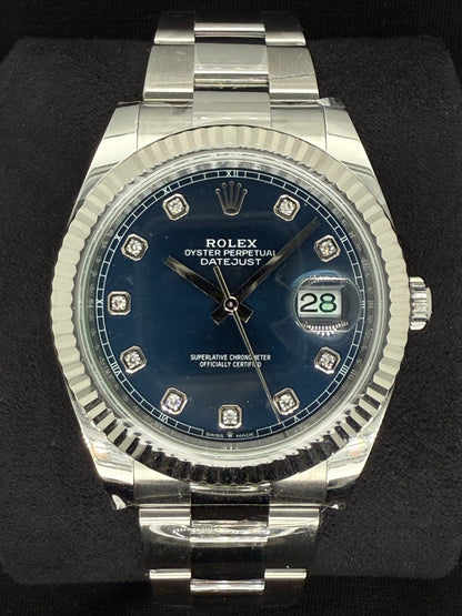 Rolex Datejust 41 Blue Diamond Dial Fluted Oystersteel 126334 front