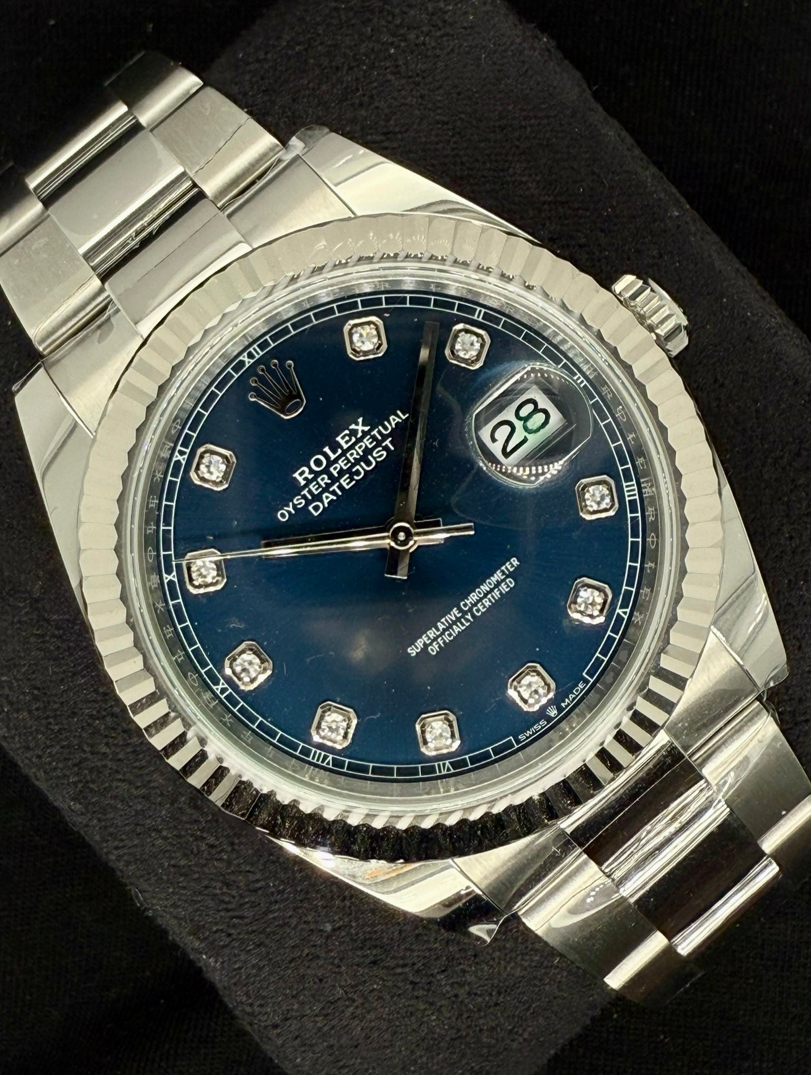 Rolex Datejust 41 Blue Diamond Dial Fluted Oystersteel 126334 front left