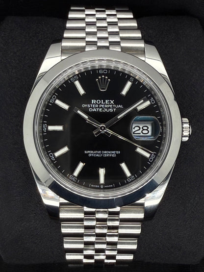Rolex Datejust 41 Black ‘Sticks’ Dial Oystersteel Smooth Jubilee 126300 | 2023 | 41mm