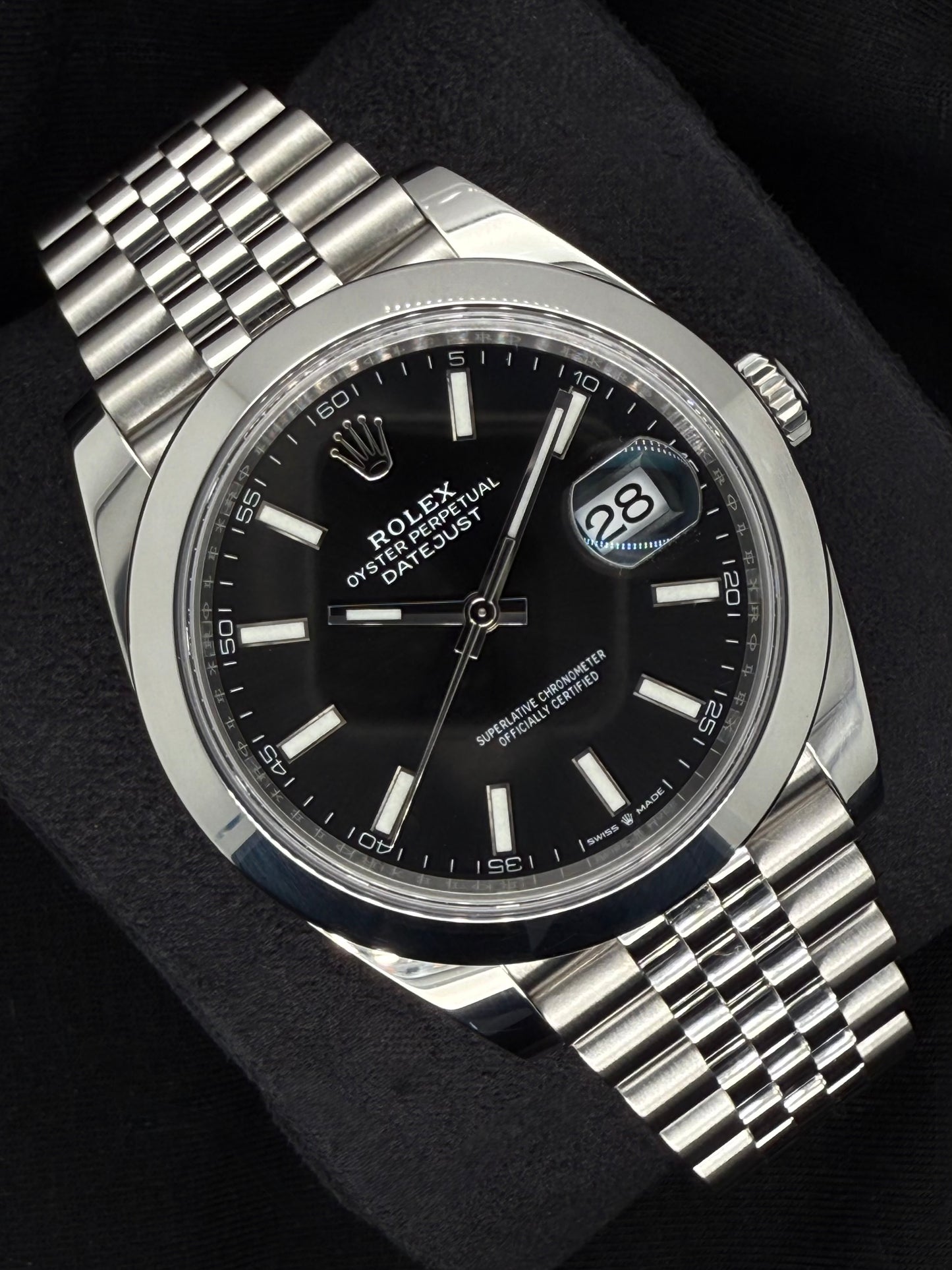 Rolex Datejust 41 Black ‘Sticks’ Dial Oystersteel Smooth Jubilee 126300 | 2023 | 41mm