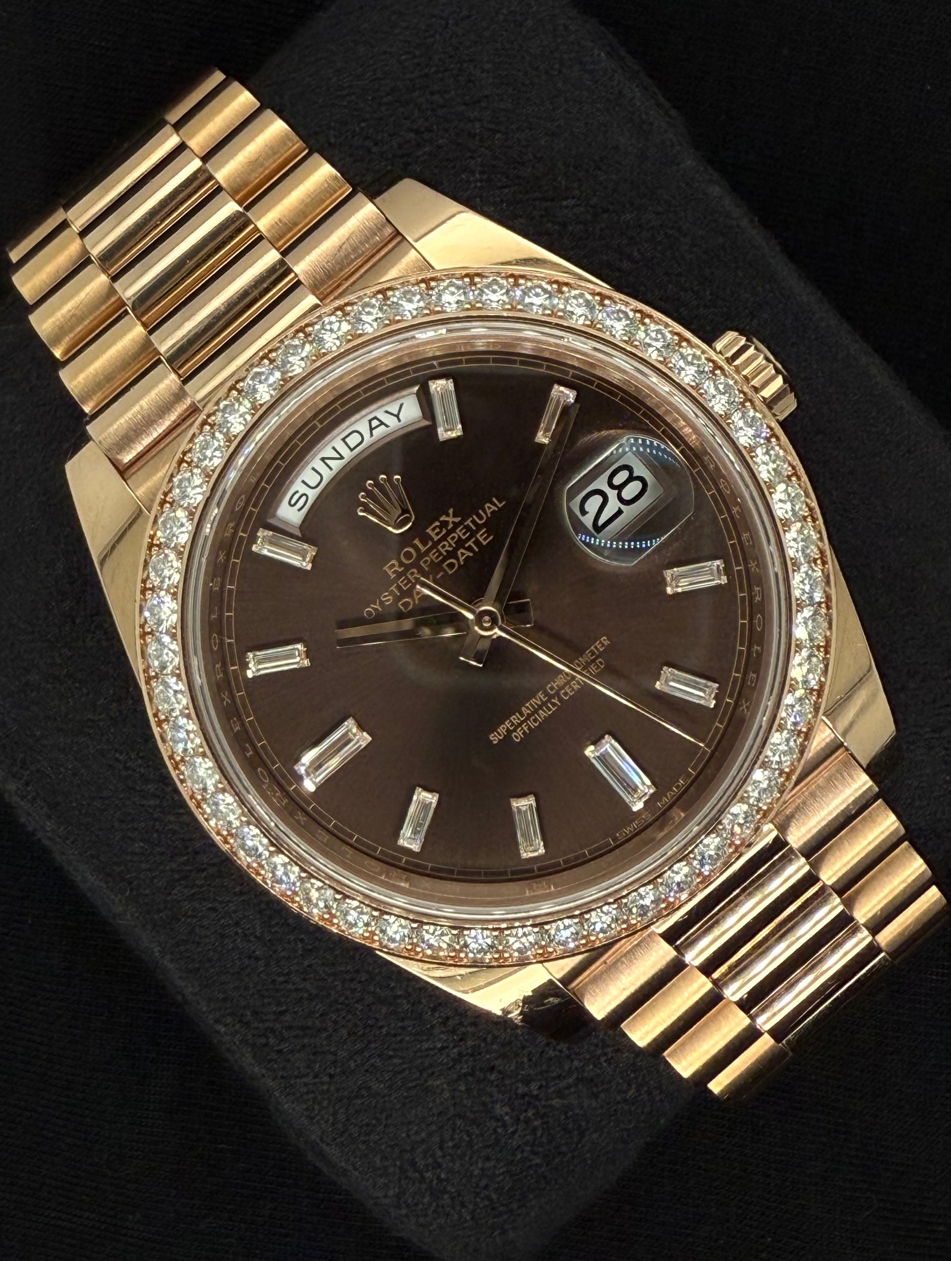 Rolex Day-Date 40 Everose Gold Chocolate Diamond Baguette Dial with Factory Diamond Bezel 228345RBR left