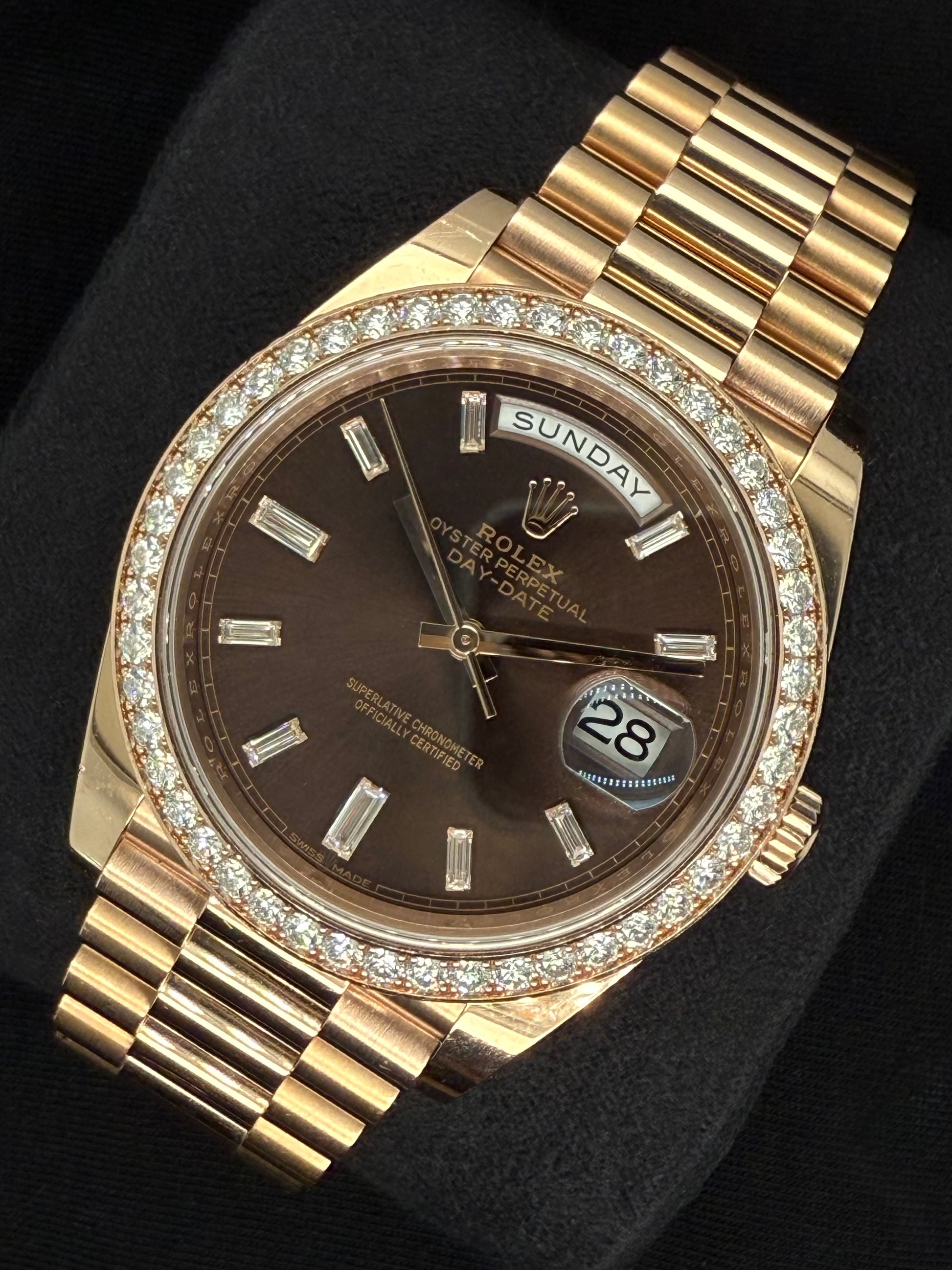 Rolex Day-Date 40 Everose Gold Chocolate Diamond Baguette Dial with Factory Diamond Bezel 228345RBR right