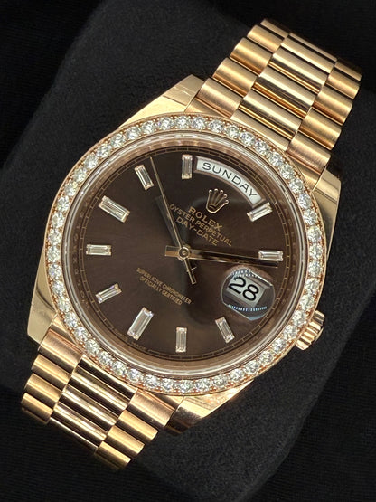 Rolex Day-Date 40 Everose Gold Chocolate Diamond Baguette Dial with Factory Diamond Bezel 228345RBR right