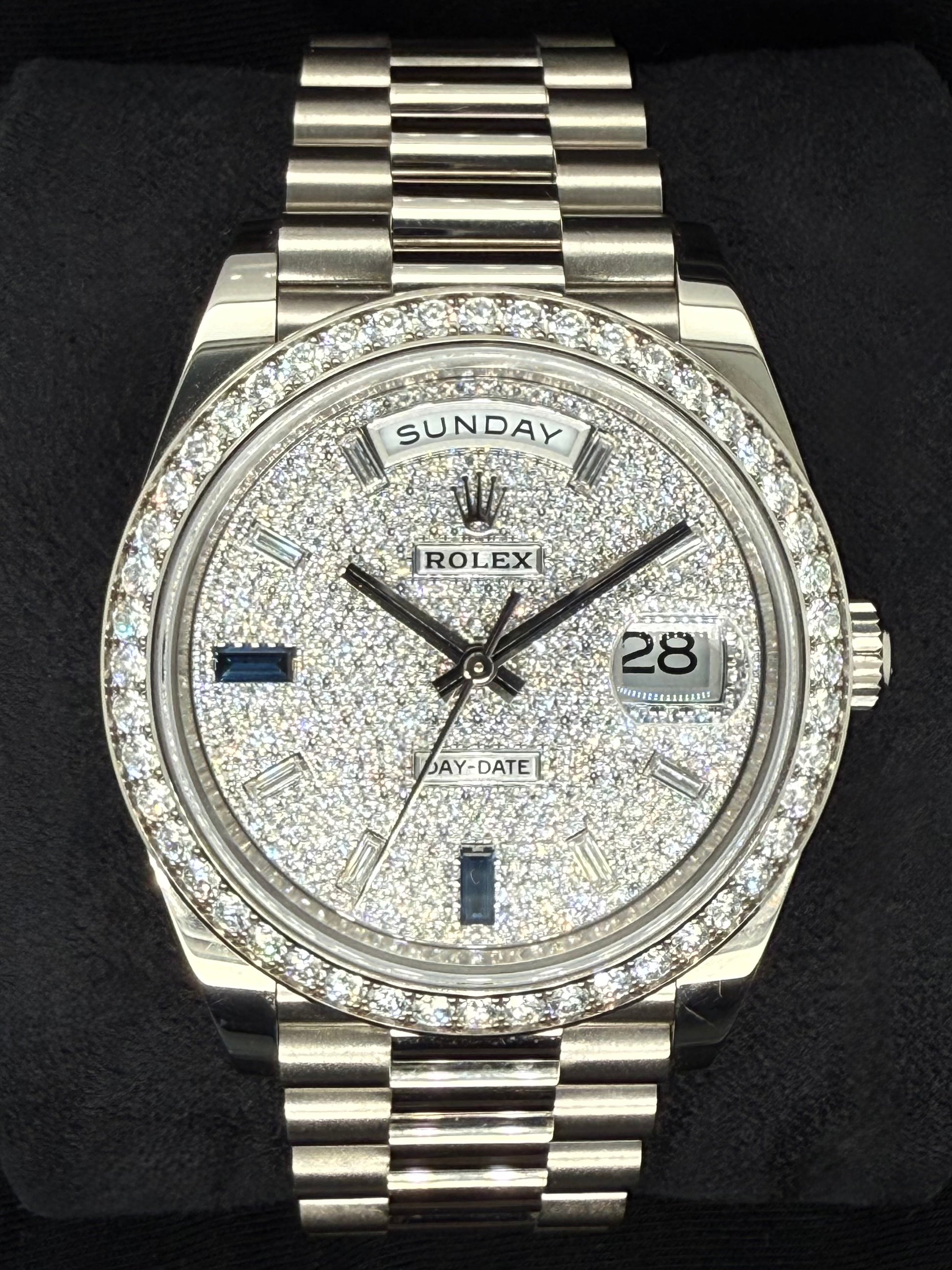 Rolex Day-Date 40 White Gold with Factory Set Diamond Pavé Dial with Baguette Diamonds and Sapphires and Diamond-Set Bezel 228349RBR