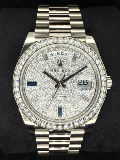 Rolex Day-Date 40 White Gold with Factory Set Diamond Pavé Dial with Baguette Diamonds and Sapphires and Diamond-Set Bezel 228349RBR