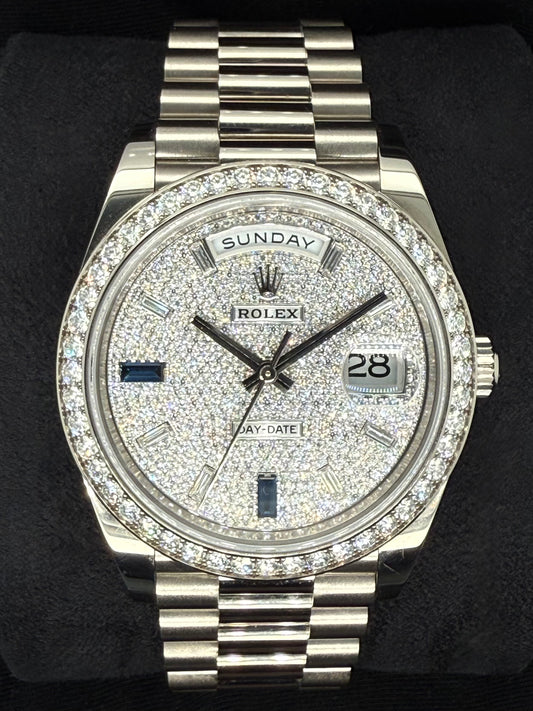 Rolex Day-Date 40 White Gold with Factory Set Diamond Pavé Dial with Baguette Diamonds and Sapphires and Diamond-Set Bezel 228349RBR