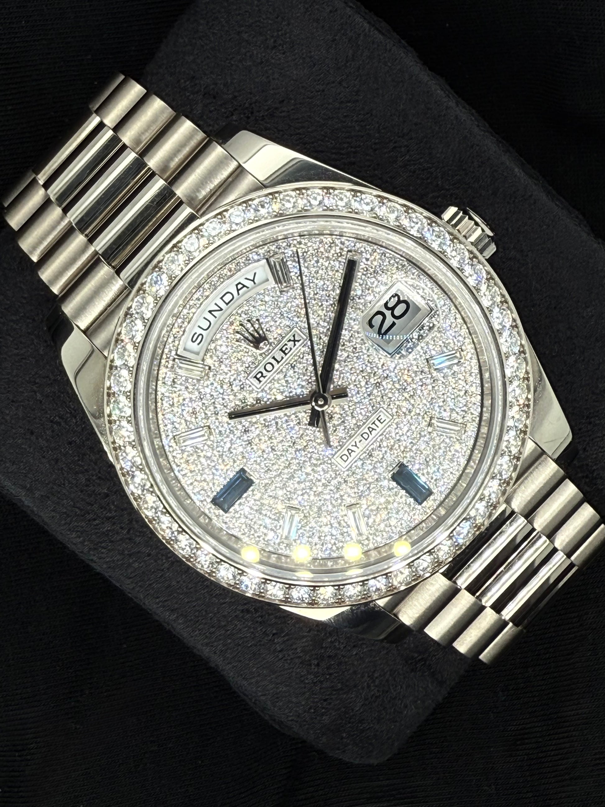 Rolex Day-Date 40 White Gold with Factory Set Diamond Pavé Dial with Baguette Diamonds and Sapphires and Diamond-Set Bezel 228349RBR left