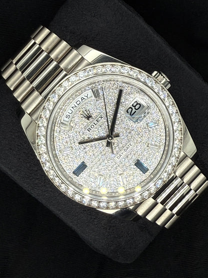 Rolex Day-Date 40 White Gold with Factory Set Diamond Pavé Dial with Baguette Diamonds and Sapphires and Diamond-Set Bezel 228349RBR left