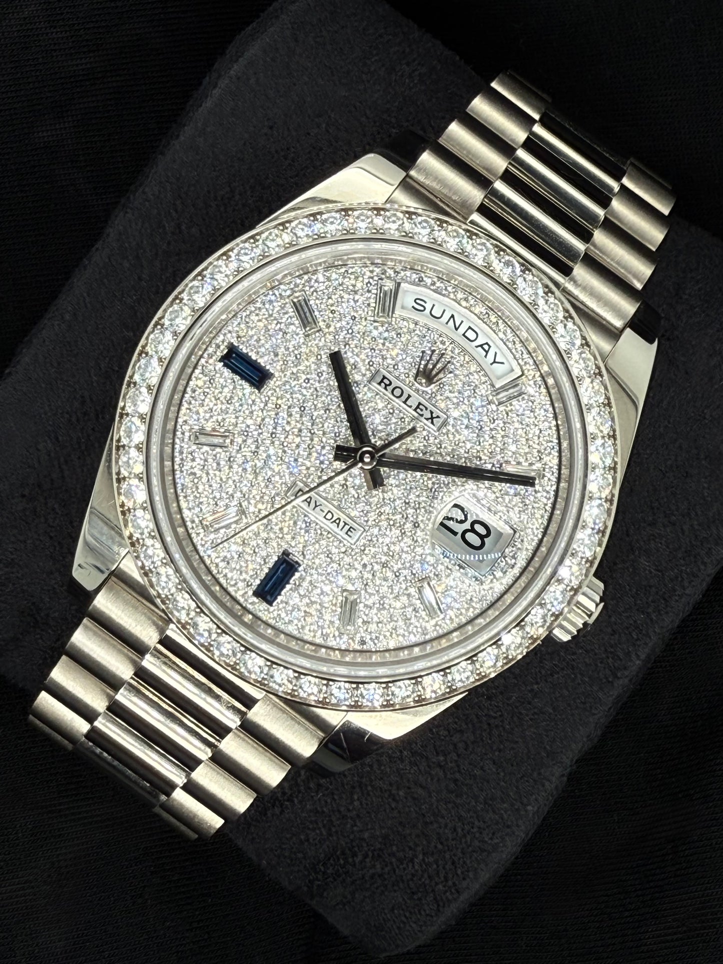 Rolex Day-Date 40 White Gold with Factory Set Diamond Pavé Dial with Baguette Diamonds and Sapphires and Diamond-Set Bezel 228349RBR right