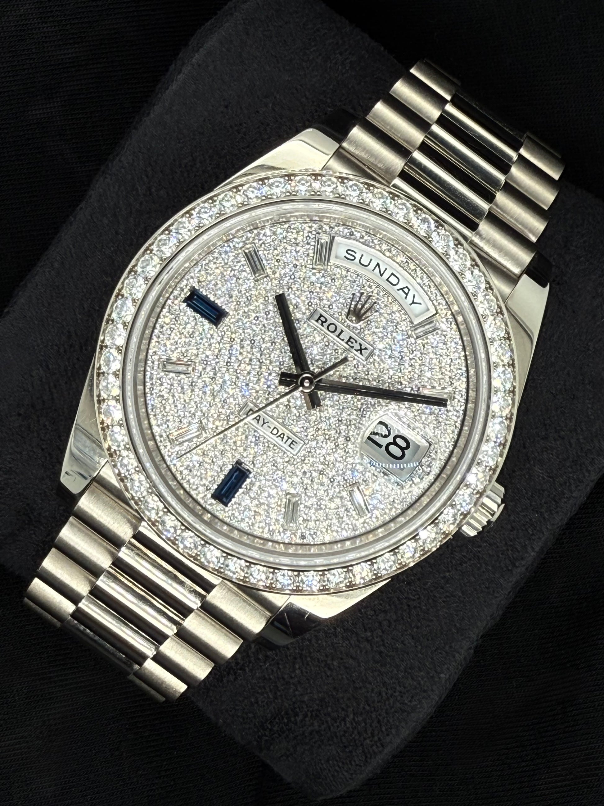 Rolex Day-Date 40 White Gold with Factory Set Diamond Pavé Dial with Baguette Diamonds and Sapphires and Diamond-Set Bezel 228349RBR right
