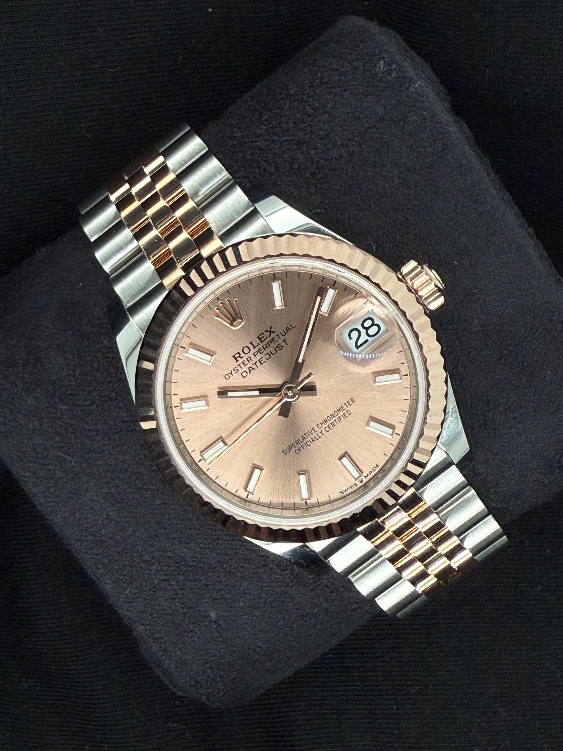 Rolex Datejust 31 Sundust Pink ‘Sticks’ Dial Jubilee Two Tone Rose Gold 278271 left
