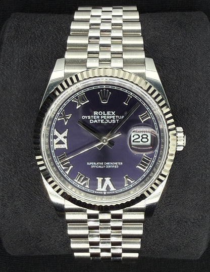 Rolex Datejust 36 Fluted Bezel Stainless Steel Purple Diamond Set Roman Dial VI and IX Jubilee 126234