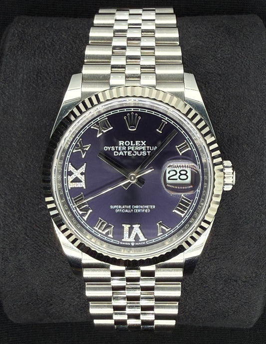 Rolex Datejust 36 Fluted Bezel Stainless Steel Purple Diamond Set Roman Dial VI and IX Jubilee 126234