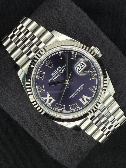 Rolex Datejust 36 Fluted Bezel Stainless Steel Purple Diamond Set Roman Dial VI and IX Jubilee 126234 left