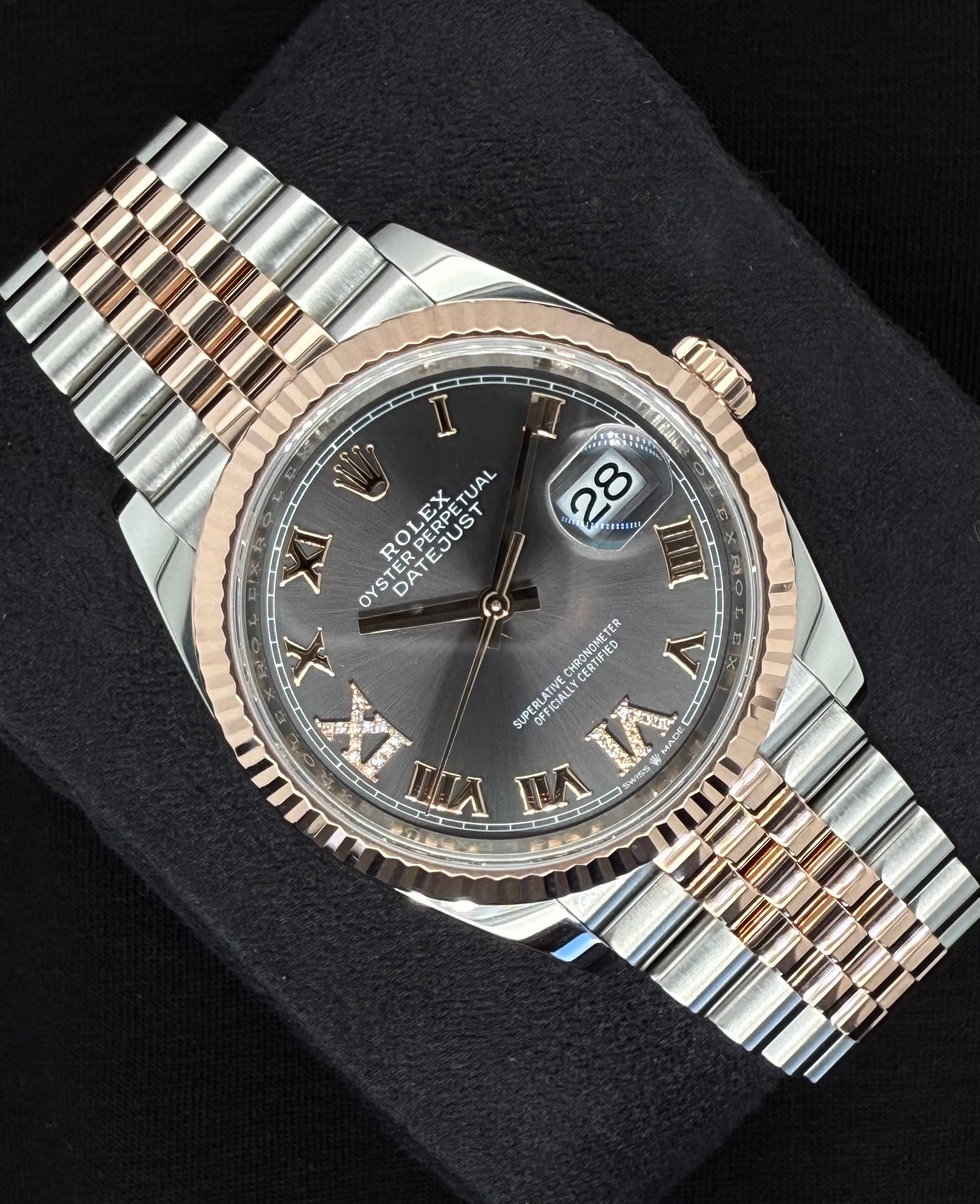 Rolex Datejust 36 Two Tone Rose Gold Slate Roman Diamond Dial 126231 Left