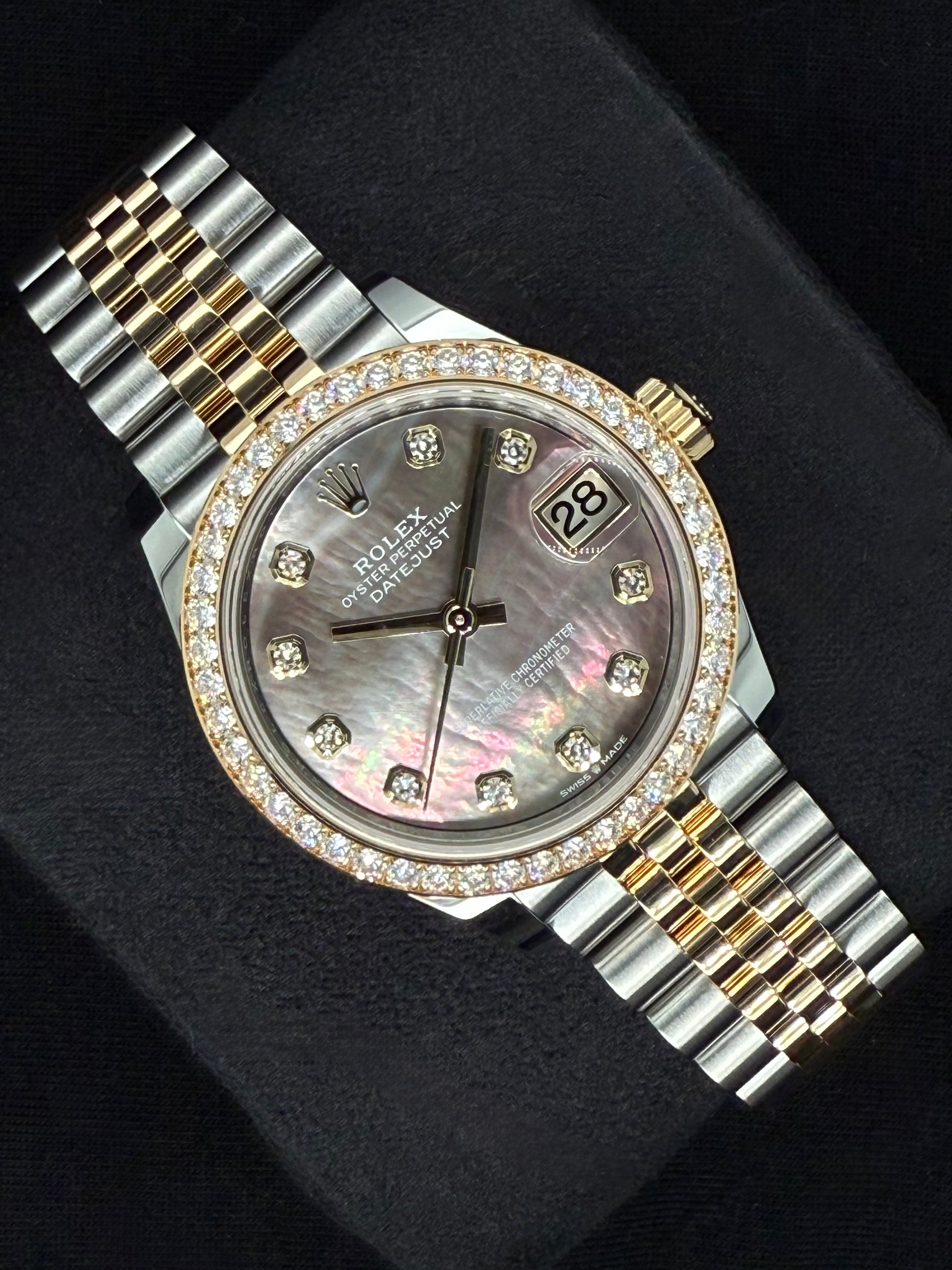 Rolex Datejust 31 "MOP" Black Mother of Pearl Dial with Factory-Set Diamond Bezel 278383RBR left