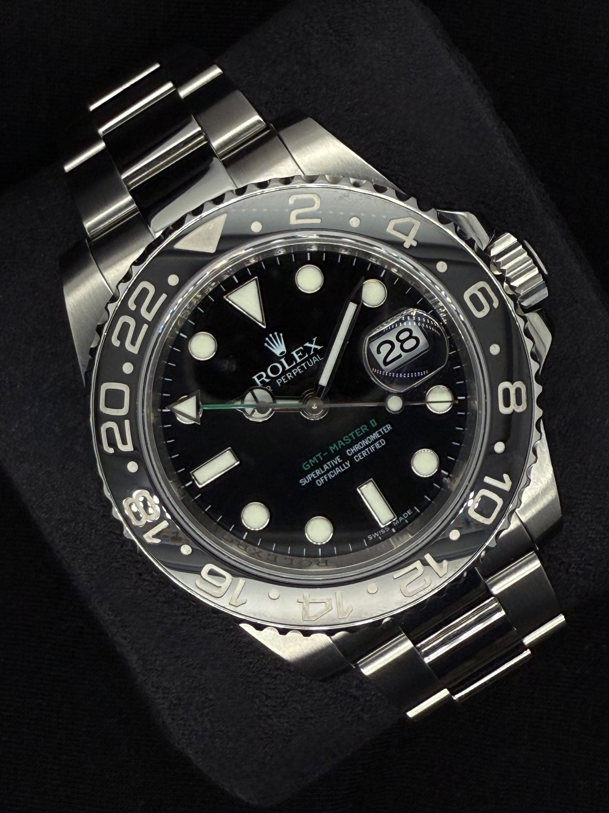 Rolex GMT-Master II Black Dial Green Arrow Hand 116710LN left