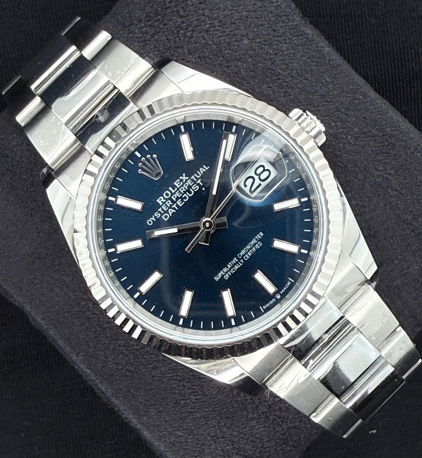 Rolex Datejust 36 Blue 'Sticks' Index Dial Fluted Oystersteel Left