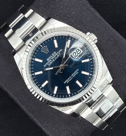Rolex Datejust 36 Blue 'Sticks' Index Dial Fluted Oystersteel Left